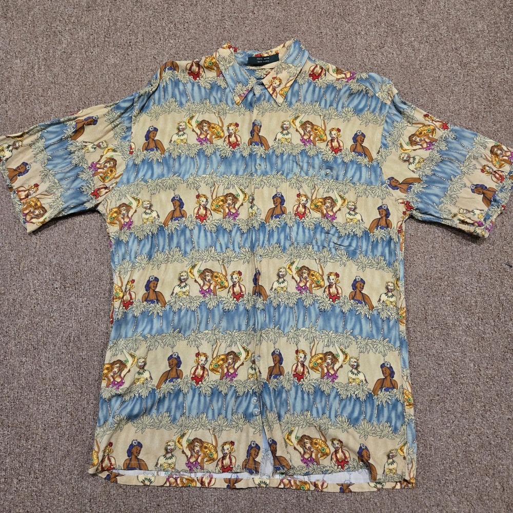 Vintage‎ Croft & Barrow Hawaiian Shirt Mens M Hula Girl Rayon Tropical Aloha